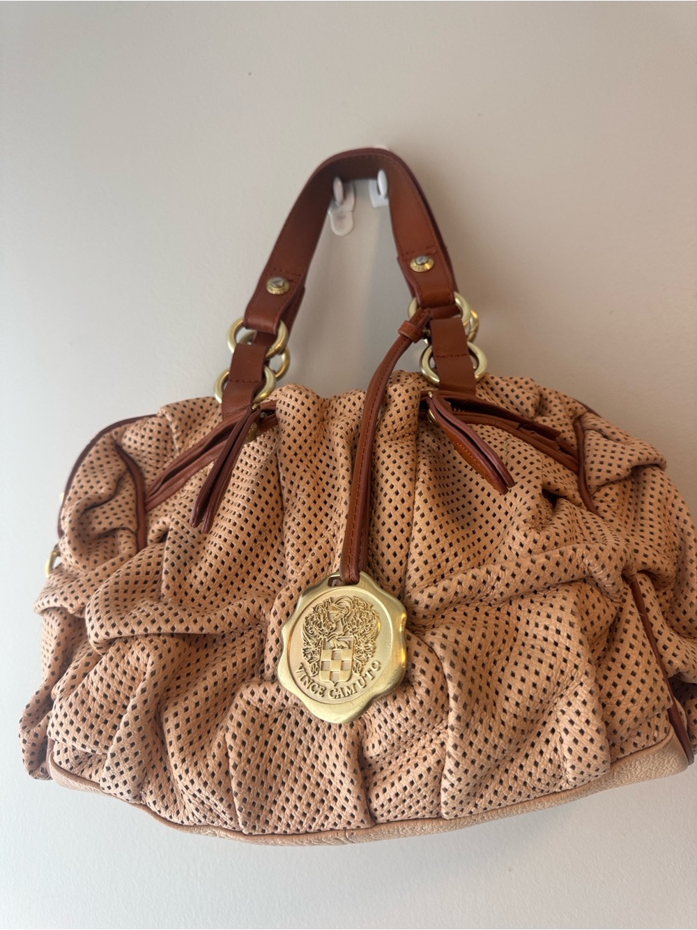 Vintage Vince Camuto Tan and Brown Perforated Leather handbag